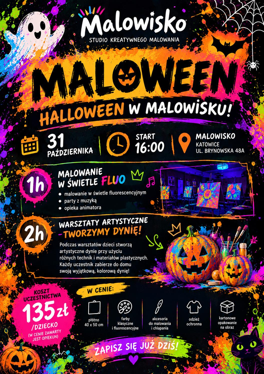 MALOWEEN — halloweenowa grafika Malowiska z duchem i kolorowymi farbami